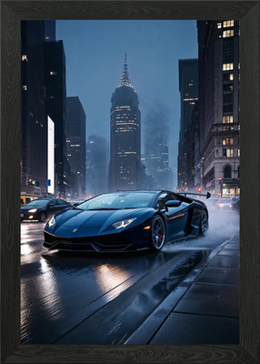 Lamborghini in City Rain Framed Wall Art Poster Canvas Print Picture