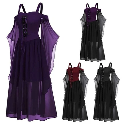 Damen Punk Gothic Halloween Karneval Cosplay Kostüm Hexen Lang Partykleid L-5XL - Bild 1 von 4