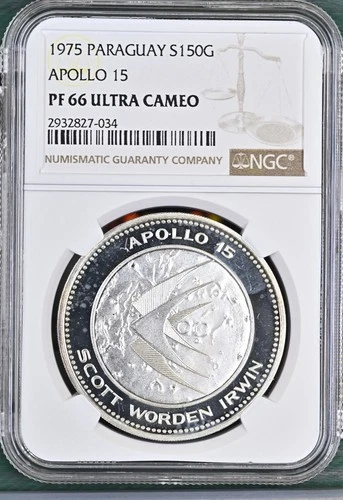 1975 Paraguay 150 Guaranies Apollo 15 Mission Moon Space PF66 NGC Silver Coin