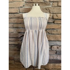American Eagle Striped Cotton Linen Smocked Dress Blue Peach XS Pockets