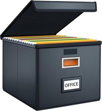 File Organizer Box with Lid, Collapsible Faux Leather Hanging File Folder Box