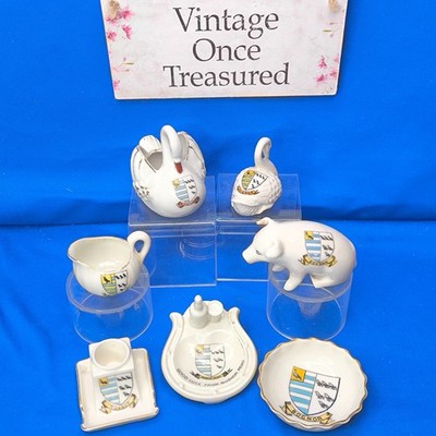 Bognor Regis Crested China Goss Pig Swans Matchholder 7-teiliges Set Weidenkunst