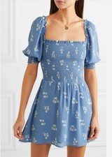 Reformation Dress Womens 2 Blue Floral Smocked Square Neck Puff Sleeve Mini