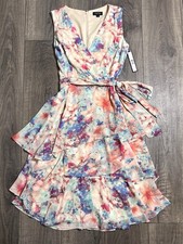 Tahari Arthur S. Levine Tiered Floral Ruffle Dress US 6 UK 10 Belted Zip Back