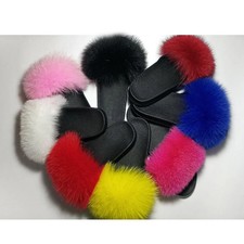 Real Finnish Fox Fur Slides Suede Leather Slippers Women US 6-11