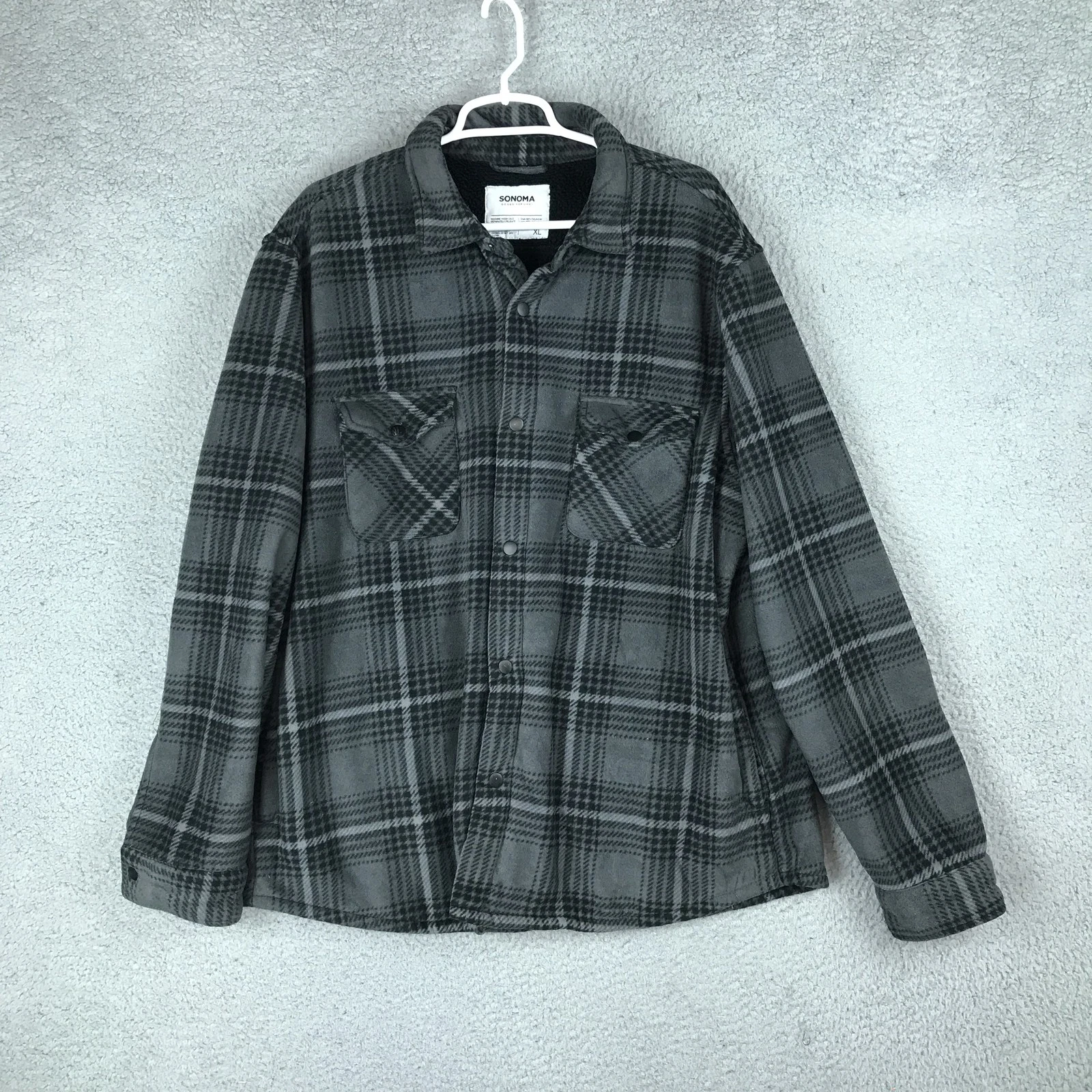Sonoma Jacket Mens XL Gray Black Plaid Sherpa Fleece Lined Snap Front Pockets
