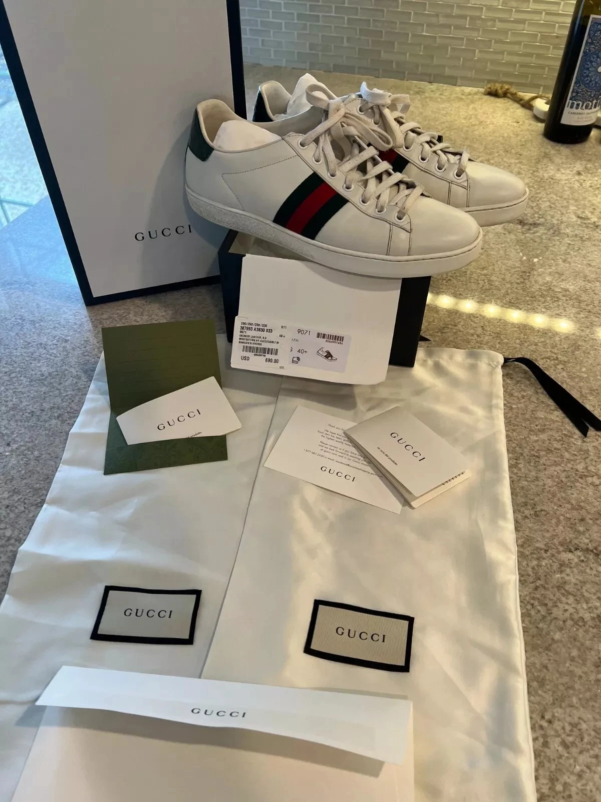 Baskets Gucci Ace hommes US 7 chaussures en cuir blanc basses Italie 387993