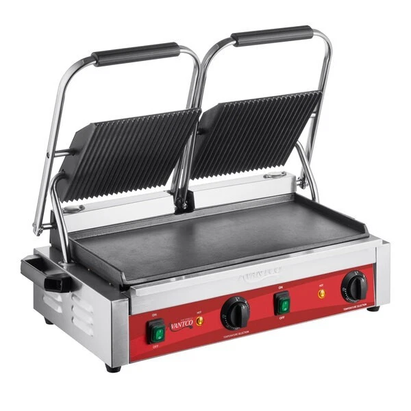 Avantco Dual Panini Sandwich Grill with Grooved Top and Smooth Bottom Plates
Opens in a new window o