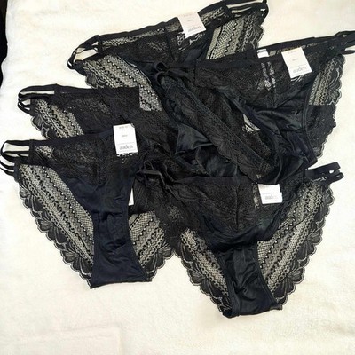 Auden 6 pcs Strappy Lace and Micro Bikini Underwear Womens Medium Stretch Black