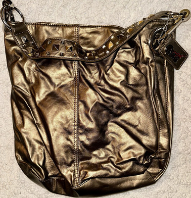 Carlos Santana Metallic Gold Studded Shoulder Bag Hobo Purse Red Lining