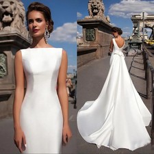 Satin Mermaid Wedding Dresses Boat Neck Sleeveless with Detachable Train Bow
