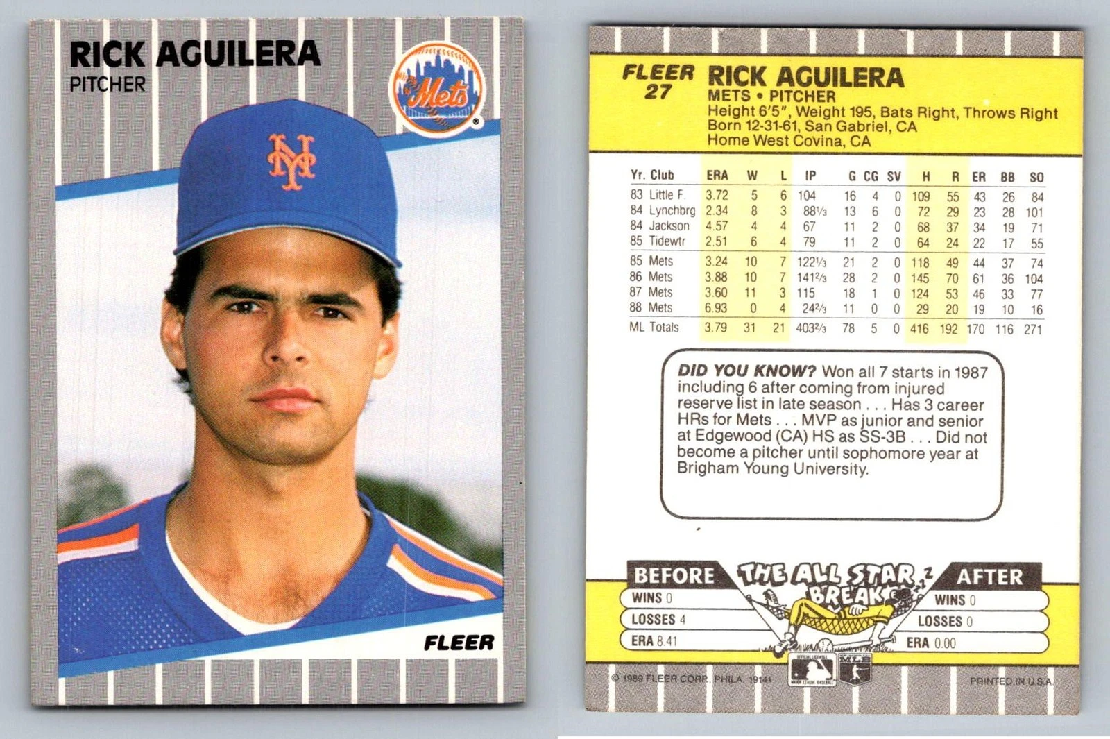 Rick Aguilera Pitcher New York Mets Fleer 1989 Card 27 Sports Collectible