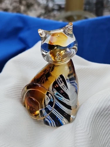 Vintage Murano Art Glass Cat Amber Swirl Figurine 4.5" Italian Sculpture