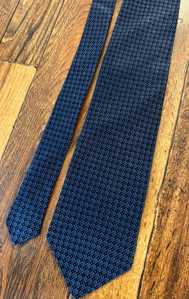 Corbata vintage para hombre Bruno Rossi 100 % seda estampado azul geométrico hecha a mano Foto 2 de 4