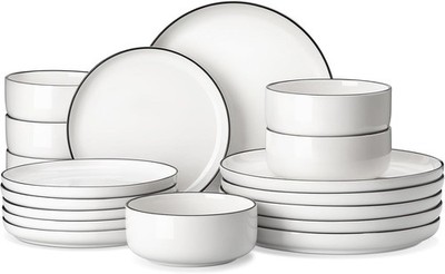 MALACASA 18-Piece Dinnerware Set for 6 White w/ Black Rim   NEW