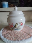 Vintage White Milk Glass Apothecary  Ginger Jar with Lid Bird Cherry Blossom