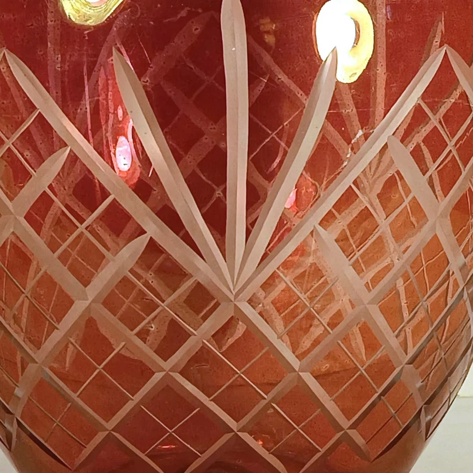 Vintage Bohemian Ruby Red Cut Glass Jar w/ Lid Czech Republic 9.75" Late 20thC E - Image 2 of 4