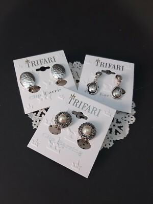 3 New Pairs Of Trifari Clip On Earrings Sliver tone 