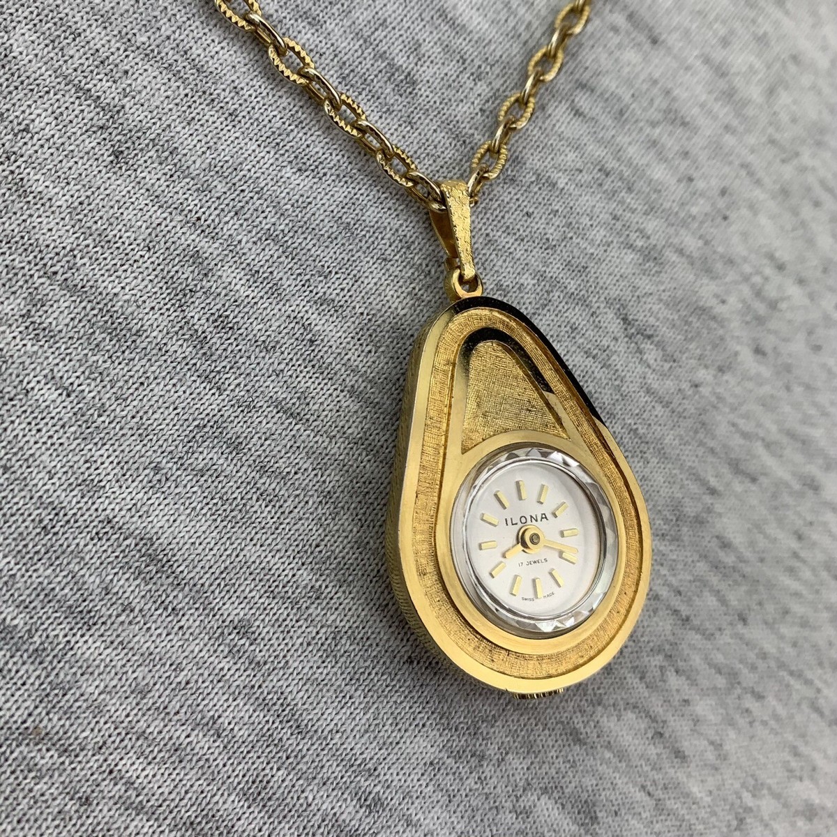 Vintage Pendant Watch Ladies Ilona 1960’s Teardrop 17 Jewel W Necklace Gold  Tone