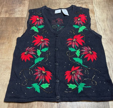 Bobbie Brooks Ugly Christmas Sweater Vest Womens Medium M Floral Black Button Up