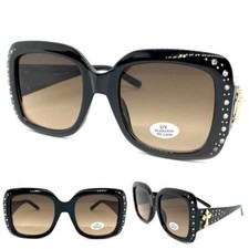 CLASSY Elegant WESTERN Rustic COWGIRL SUN GLASSES Large Black Frame Gold Cross