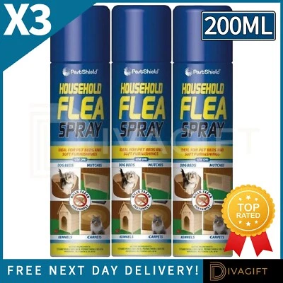 PESTSHIELD 3 x FLEA KILLER SPRAY 200ML AEROSOL ANIMAL DOG CAT PET BED FOR HOME FLEA CARE