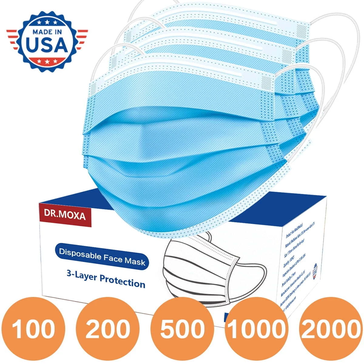500 Pack Blue Disposable Face Masks 3 Ply Mask for Aldult