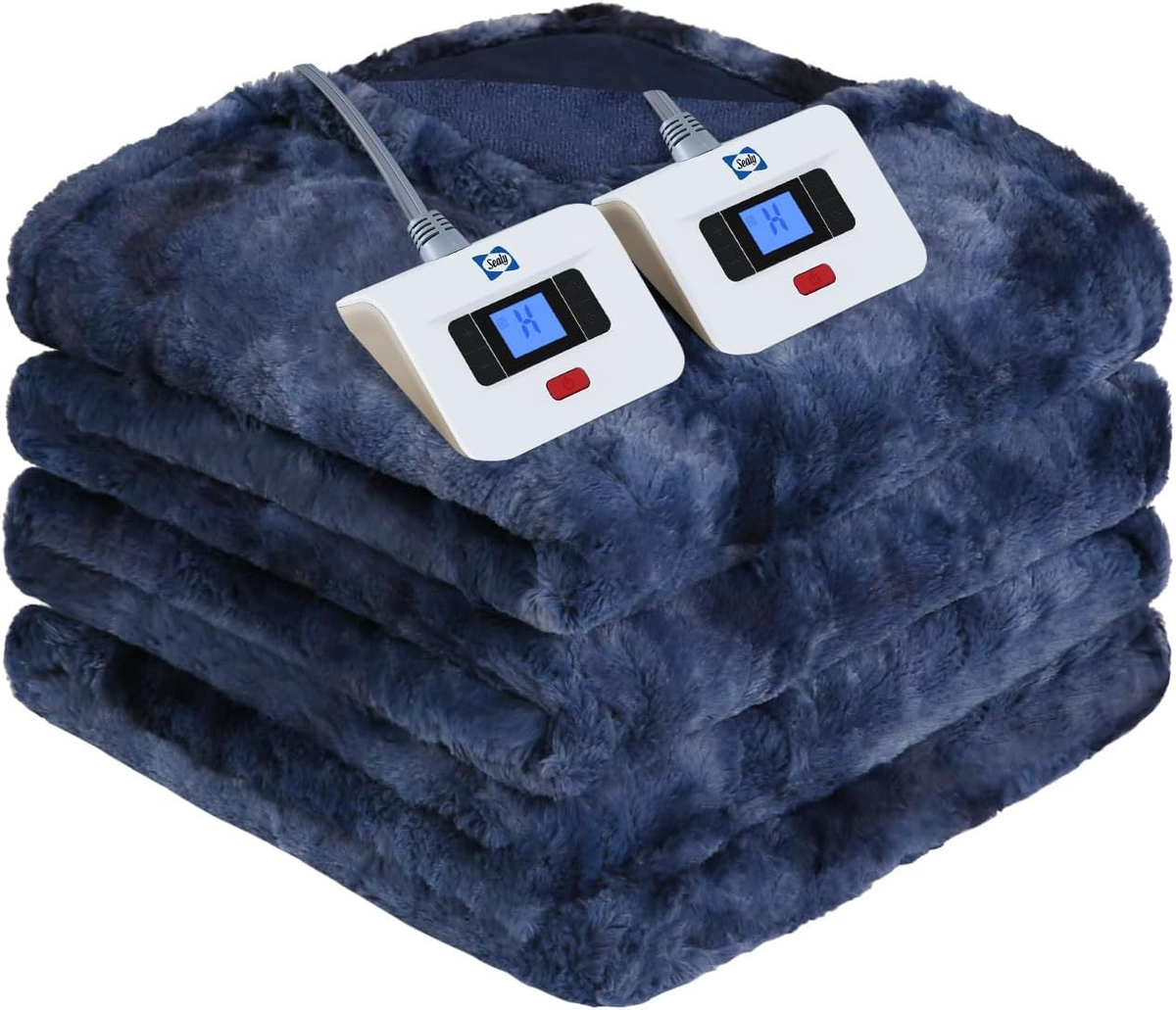 Faux Fur Indigo Heated Blanket White Plush Indigo Ink Throw