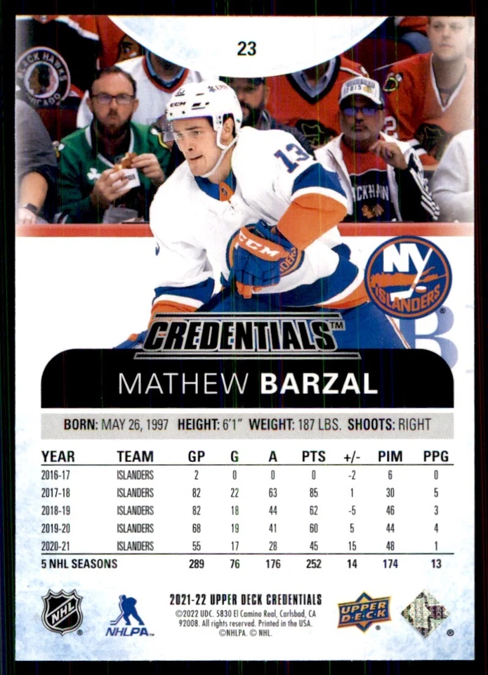 2021-22 Upper Deck Credentials Mathew Barzal #23 - Image 2 of 2