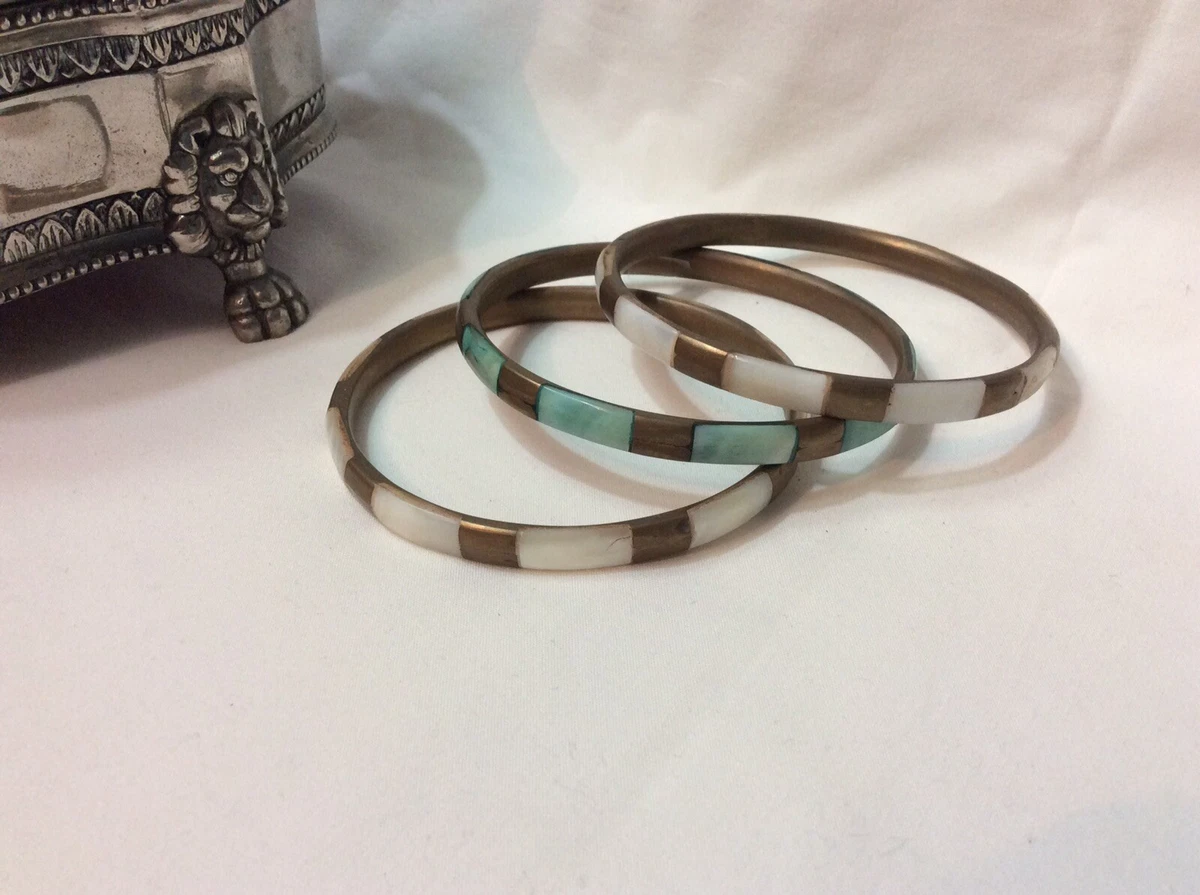 Vintage Estate Jewellery Vintage Brass And Shell Bangles Set X 3