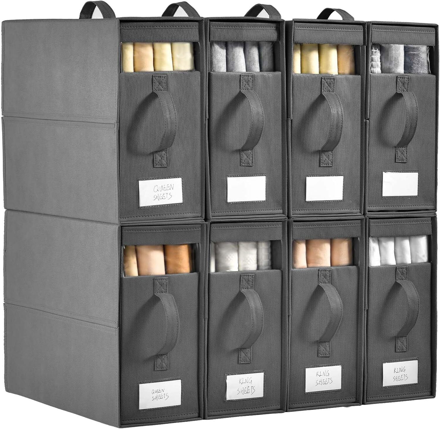 8-Pack Grey Foldable Linen Closet Organizers for Efficient Storage