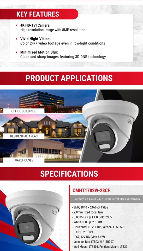Cámara torreta LED CMHT1782W-28CF HD-TVI 8 MP/4K 247 a todo color 2,8 mm WDR 131 pies Foto 3 de 4
