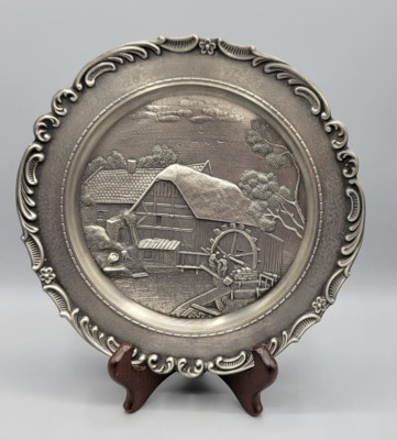 Vintage 95% Pewter FRIELING ZINN Pewter Wall Plate Water Mill, Made in Germany