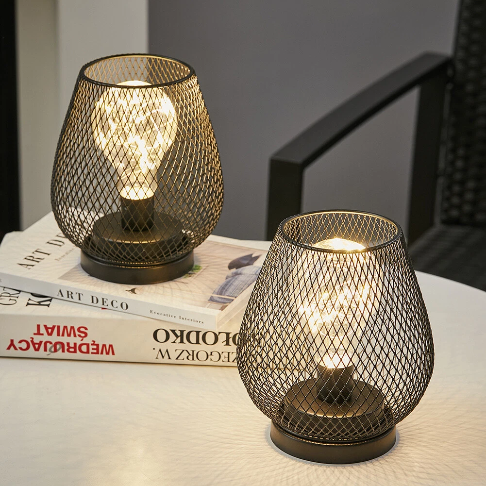 2x Battery Operated Table Lamp Bedroom Warm LED Light Mesh Metal Cage Lampshade