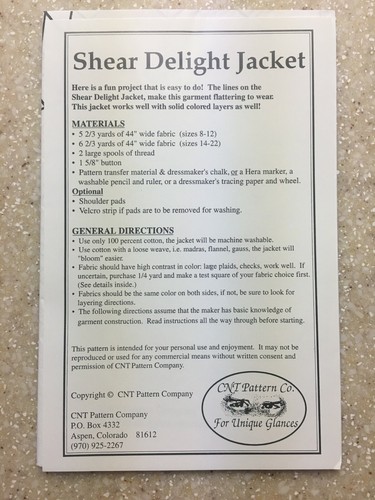 CNT Pattern Co. - Shear Delight Jacket Sizes: 8, 10, 12, 14, 16, 18, 20, 22 Sew - Picture 3 of 4