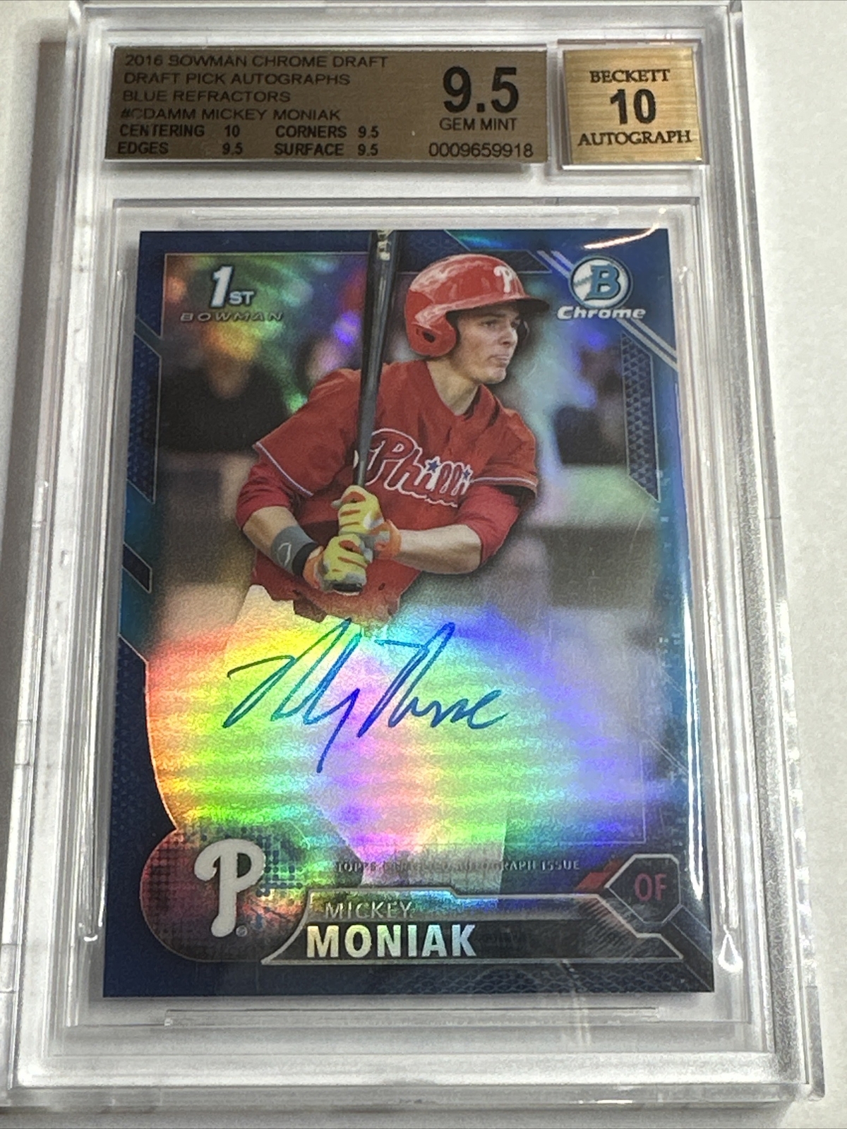 2016 1st Bowman Chrome Draft Mickey Moniak True Blue Ref 77/150 BGS 9.5 10 Auto