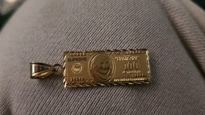 FW17 Supreme 100 Dollar Bill Gold Pendant +25 inch 14 karat gold chain 4.1 G  