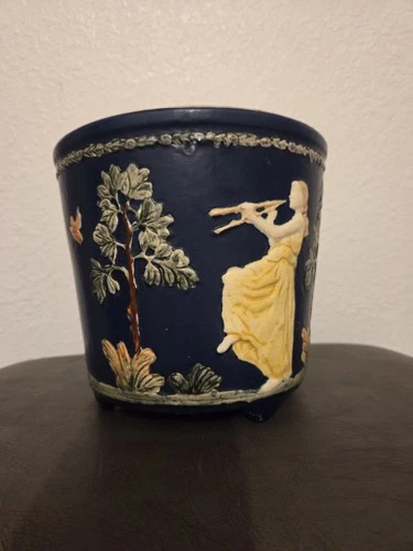 Blue Ceramic Art Pottery Planter, Figural Relief Woman Tree Motif, Round Matte