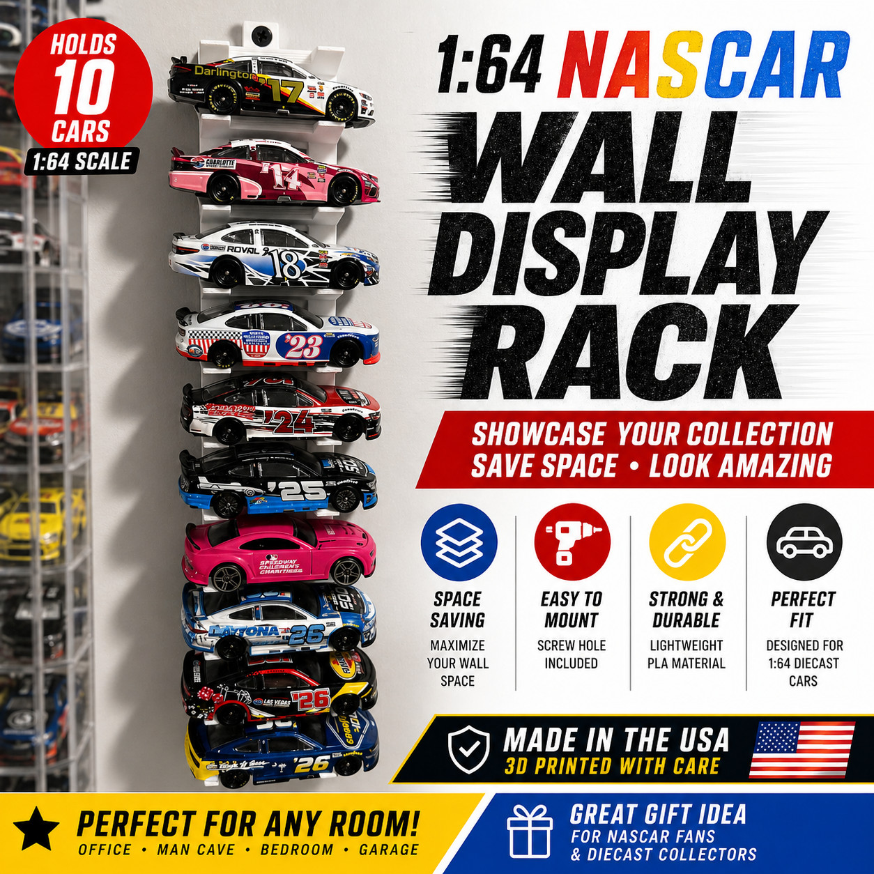 1:64 NASCAR Wall Display Rack Holds 10 Cars Diecast Mount Space Saver