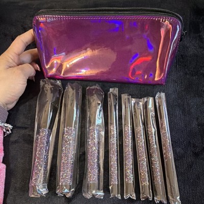 Morphe Makeup Brush Set Glitter Handle Pink Iridescent Bag Multicolor 8 Items