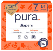 Pura 51 Pack Eco-Friendly White Unisex Size 7 Disposable Baby Diapers