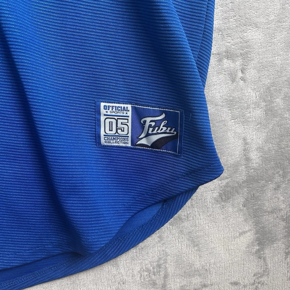 Vintage Fubu Baseball Jersey Mens Large Blue Colorblock Button Up 05 Hip Hop Y2K - Image 4 of 4