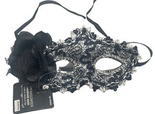 Happy Halloween Masquerade Mask costume sequin embellished floral black READ NEW