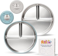 Set of 2 Stainless Steel Kids Plates with Suction Base, 9  Divided - Blue/Gray