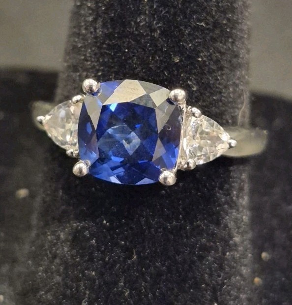 4ct Royal Blue Sapphire With Trillion Cut Diamonds 925 Rl Sz 7