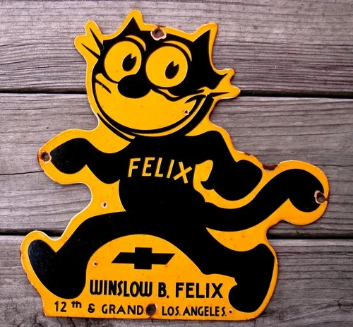 VTG PORCELAIN ENAMEL FELIX  THE CAT CHEVY DEALER SALES SERVICE GAS METAL SIGN