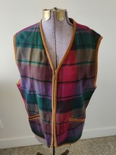 Vtg Liz Wear Wool Vest Women's Plaid Pockets Suede Leather Trim Zip Front Sz S