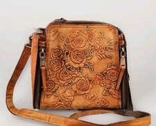 Vintage Tooled Leather Rose Crossbody Bag Boho Floral Brown 9x9