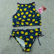 Kanu Surf Swimsuit Girls 12 Navy Blue Yellow Lemons Halter Tankini 8573