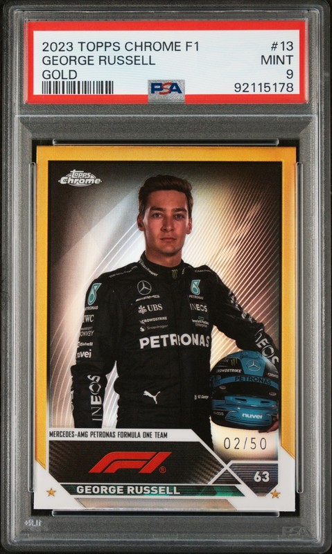 2023 TOPPS CHROME FORMULA 1 GOLD REFRACTOR #13 GEORGE RUSSELL 2/50 PSA 9